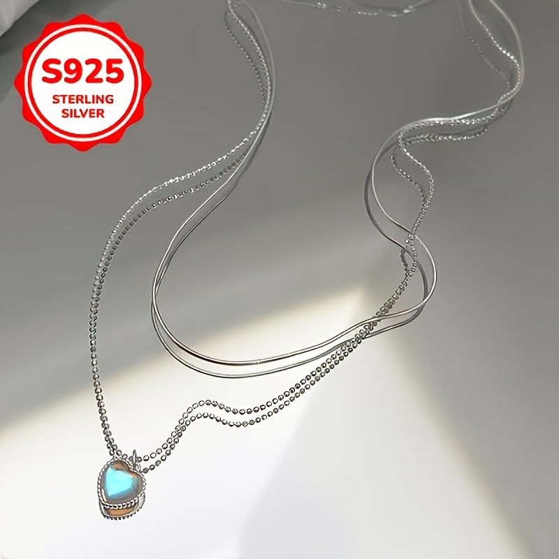 Women's 925 Silver Double-Layer Heart Pendant Necklace, Versatile